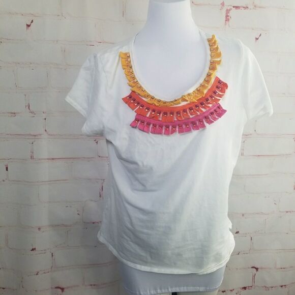 3/$25 Ruby Rd white tee colorful tassles beads - Picture 1 of 4
